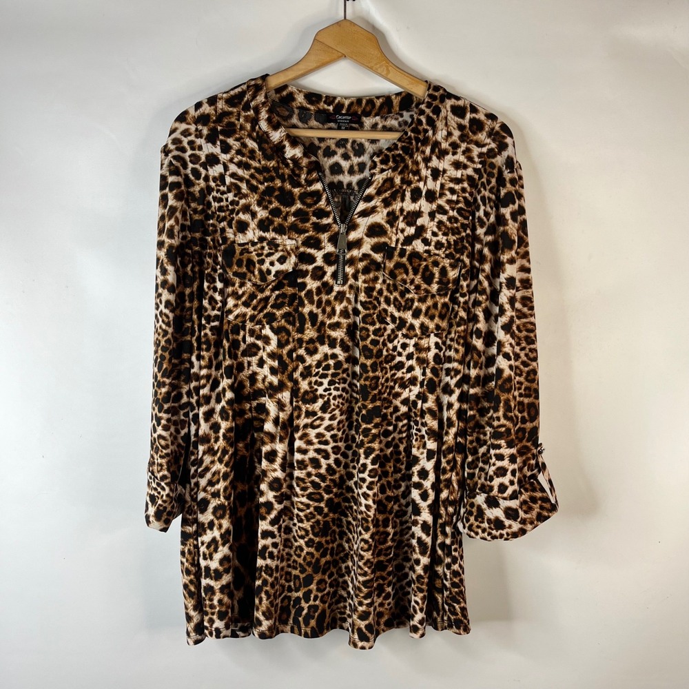 Cocomo Woman Tunic Top Women 3X Brown Leopard Print Zip Neck Roll Tab Sleeve